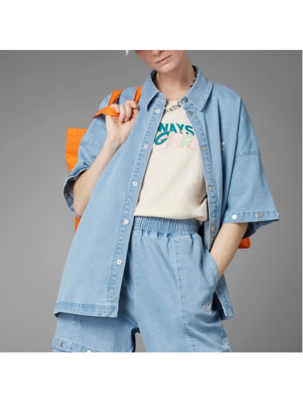 Adidas Light Blue Jean Always Original Denim Track Jacket Snap Buttons Oversized - Picture 3 of 14
